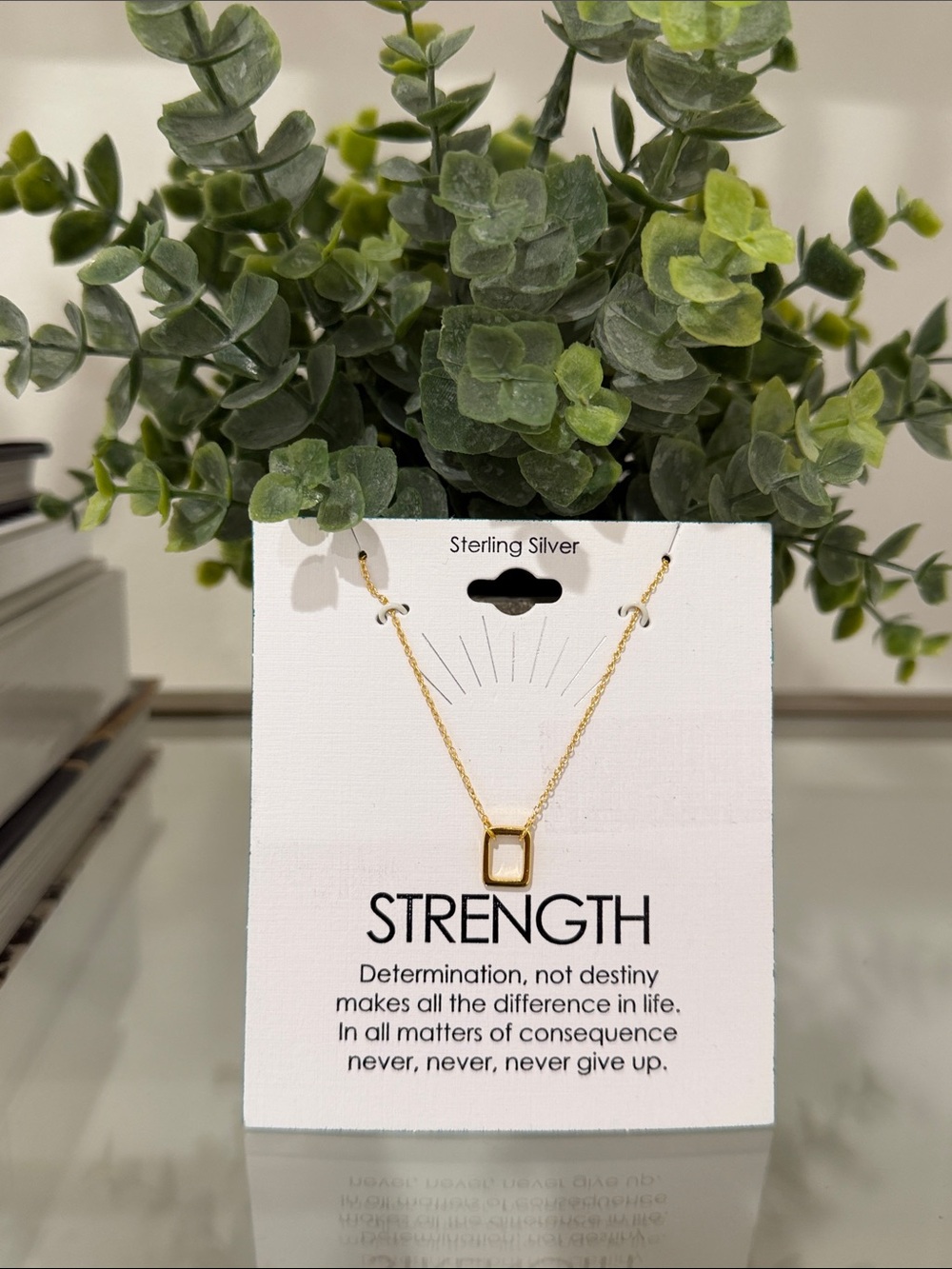 Sterling Silver Gold Rectangle Pendant Necklace “Strength”